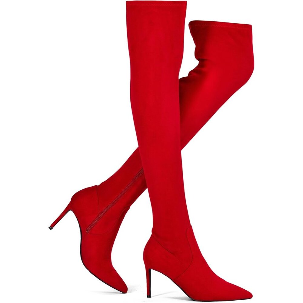 ⚡Women's Suede Red Sexy 4.3 inch Tang Thigh High Boots Over Knee Pointed Toe - Picture 1 of 9